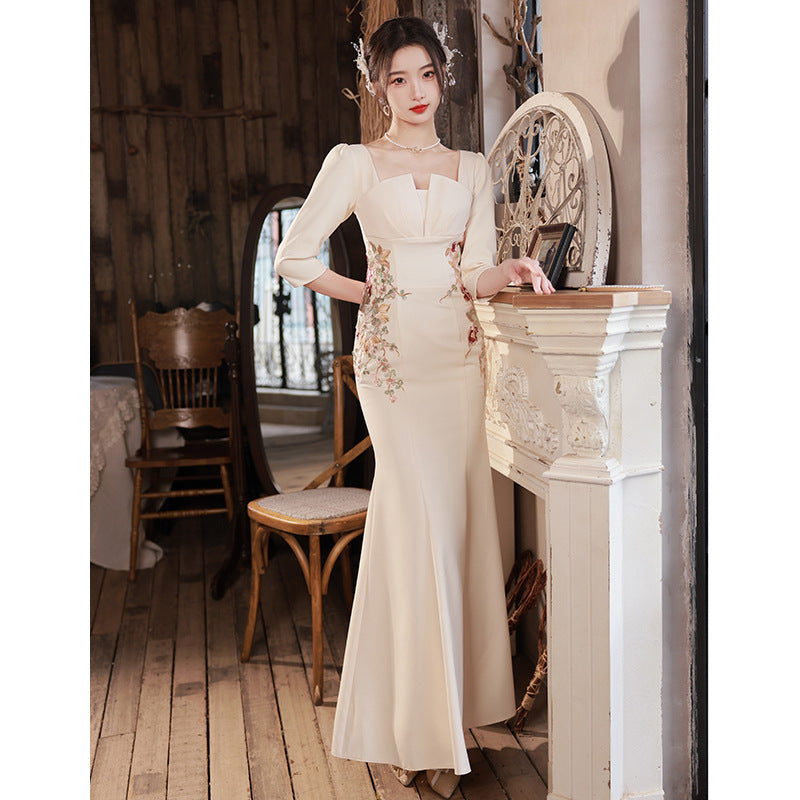 Champagne Evening Dress for Women Banquet Temperament Host Fishtail Dress Square Collar Dress H885