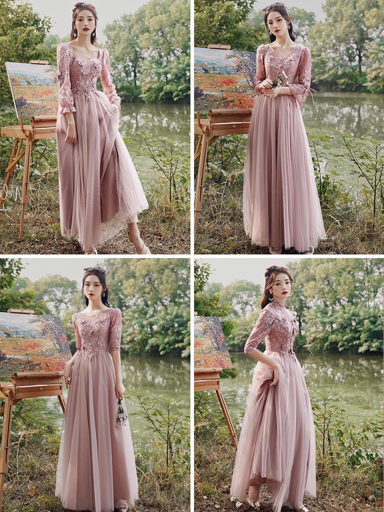 Pink Bridesmaid Dress Fairy Temperament 2022 New Spring Thickened Long Sleeve Girlfriends Ladybros' Dress Female Slimming