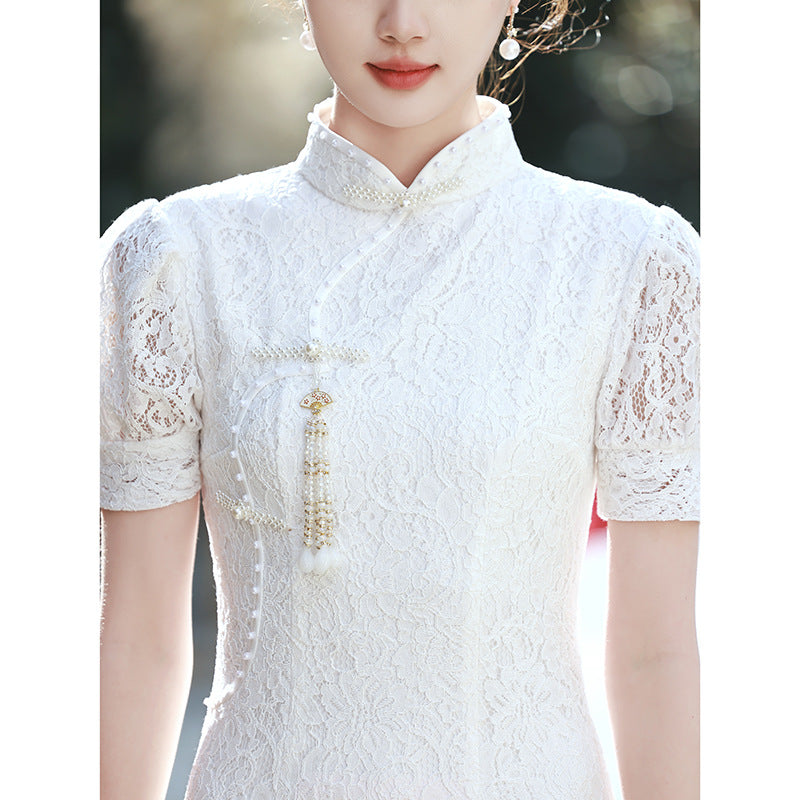 Wedding Dress Lace Short Sleeve Chinese Cheongsam Long Turtleneck Slim White Dresses