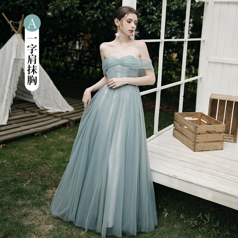 light  green eveing dress wedding dress bridesmaid Dress Wedding Dress Women's Water Green Performance Graduation Long Mesh Evening Dress LAS430