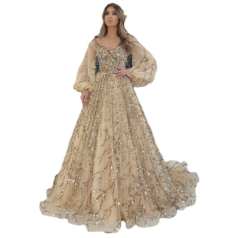 Gold Dress gown ball dresses party Beaded Ball Party Evening Dress Dress Sequined Lace Breathable and Transparent Birthday Party Long Sleeve Aura Queen Dress H2839