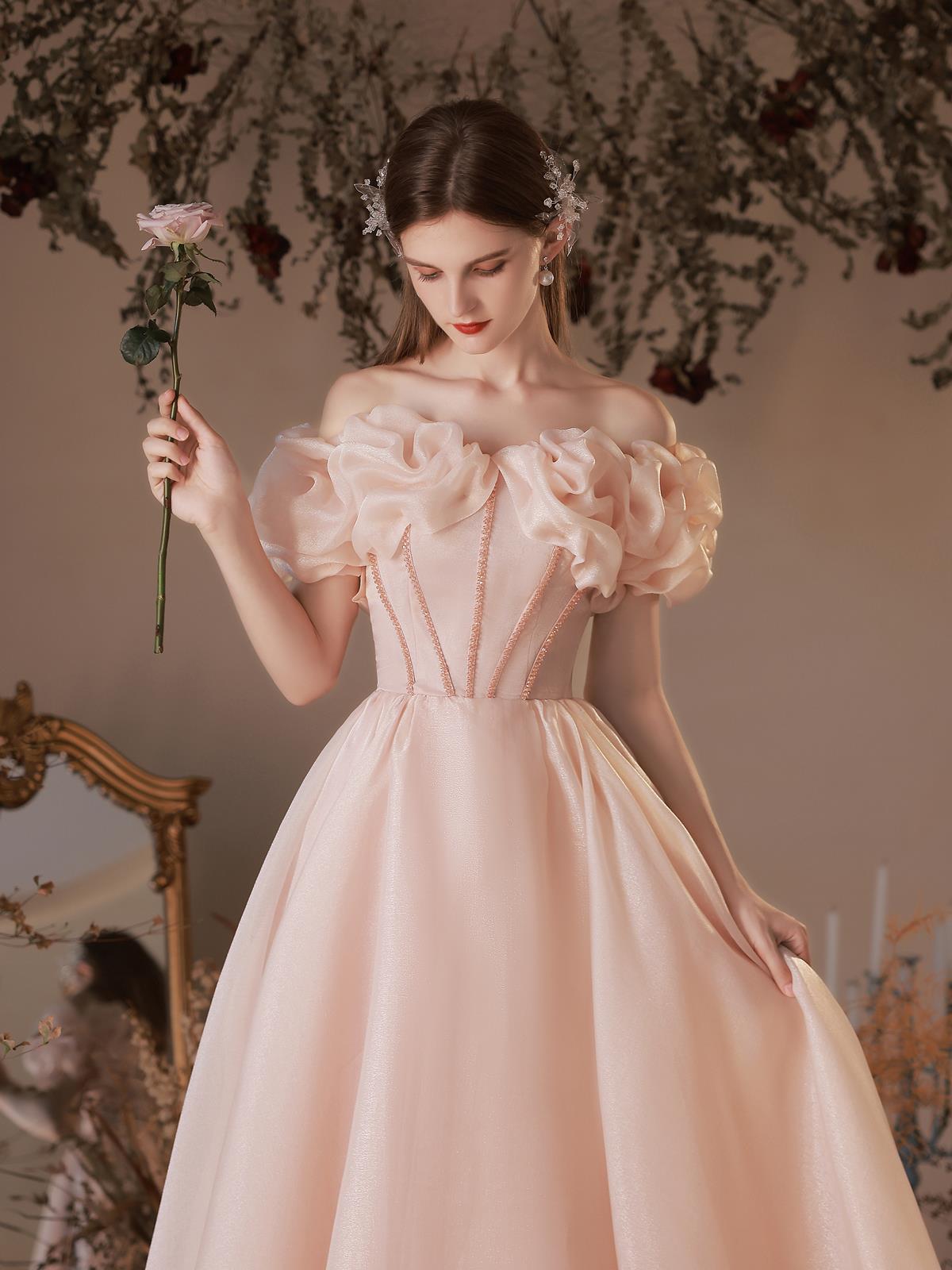 Pink Dress off Shoulder flower dress Toast Clothing Small Bride Temperament High Sense Fairy Temperament Host's Dress Bridesmaid LAS428