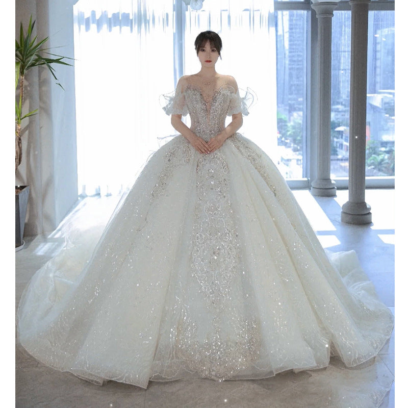 Wedding Dress evening gala Bride Princess Fairy Temperamental Palace Style Large Traling Princess gown off shoulder white butterfly maxi dresses H998