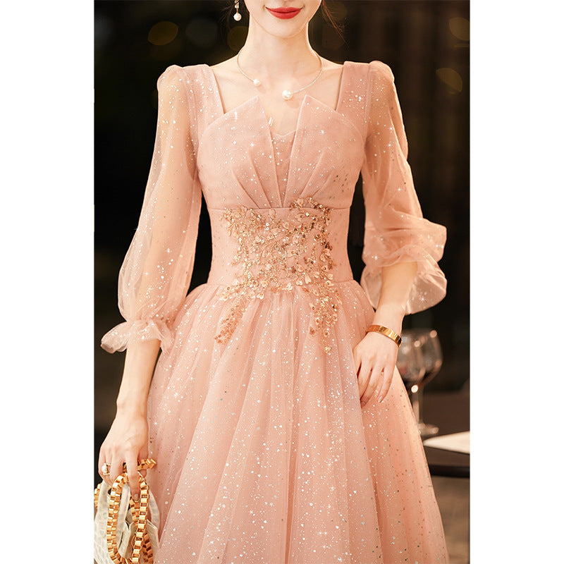 Pink Evening Dress for Women 2022 New Banquet Temperament Socialite French Evening Dress for Host Dignified and Elegant Dress