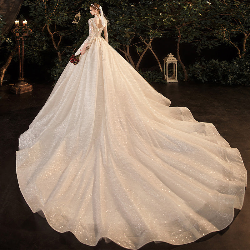 French Style Wedding Dress Bride Elegant Gorgeous Starry Sky V-neck Long Sleeve Mori Style Fairy Dream Trailing L0250