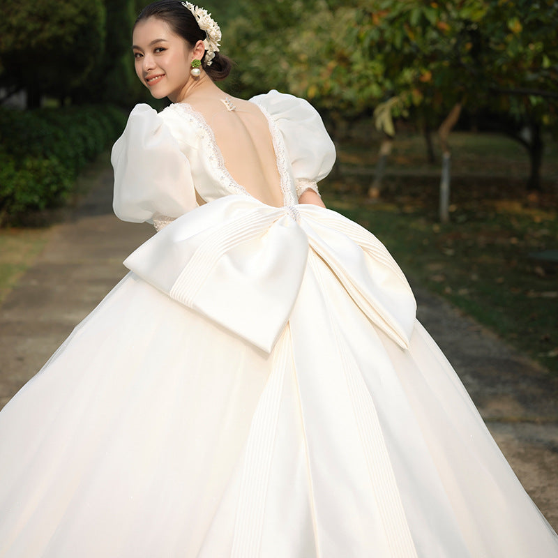 Satin Main Wedding Dress Bridal Elegant French Retro Small Simple Large Tail Graceful Puff Sleeve H280