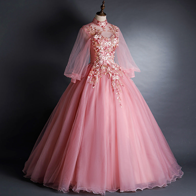 Ball Gown Long Sleeve Colored Mesh Host Performance Pink Princess Dress Solo Art Exam Tulle Tutu Long Evening Gown Female H2839