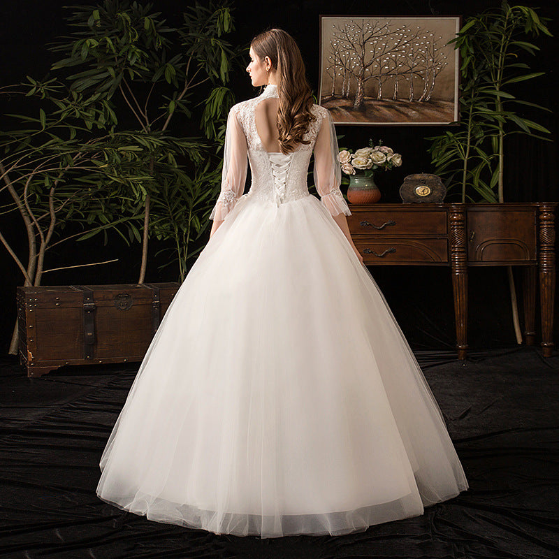 Long Sleeve High collar white Wedding Dress Stand Collar Yarn Slim Bridal plus Size dress