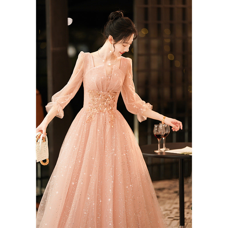 Pink Evening Dress for Women 2022 New Banquet Temperament Socialite French Evening Dress for Host Dignified and Elegant Dress