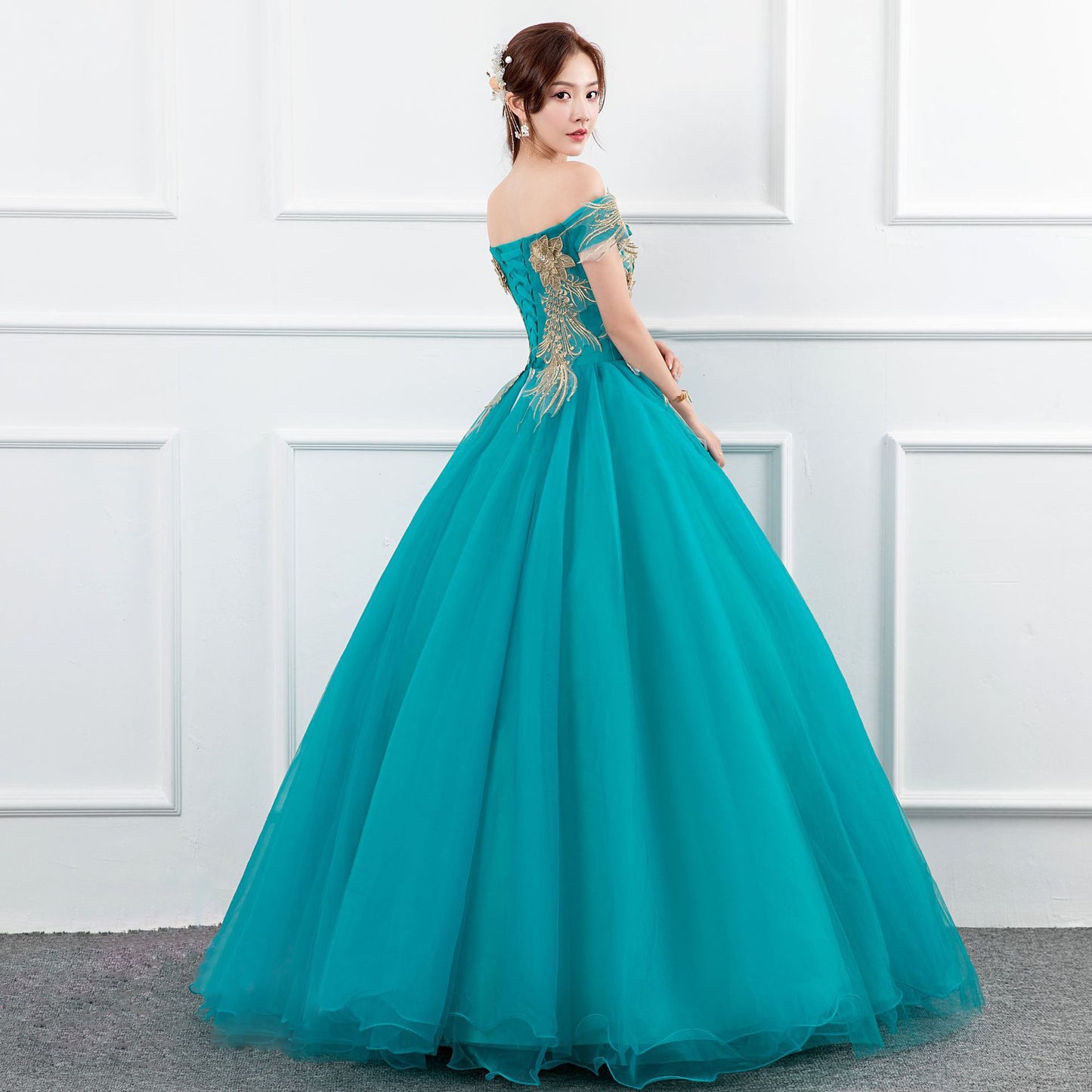 green dress blue dress lace wedding dress Solo Performance Costume Pettiskirt Long Host Art Exam Meisheng Annual Meeting off-Shoulder Evening Dress Slim Studio Theme