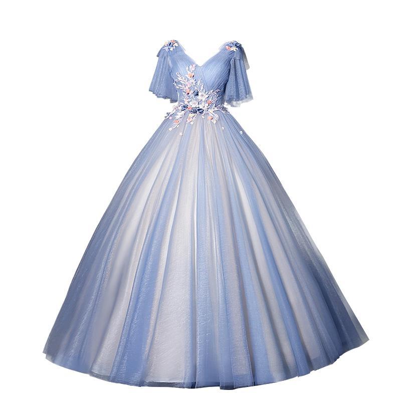 Haze Blue sky blue dress floral dress flower dress wedding Dress Women's Long Beauty Tutu Dress Stage Host Hostess Performance Costumes Bottoming Dress LAS372