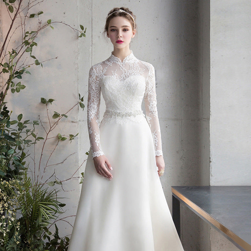 Satin dress for Wedding long sleeve Bride Graceful Mori Long Sleeve Banquet Gown Super Fairy Travel Shooting Wedding Dress H767