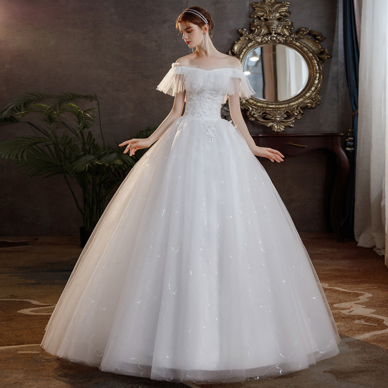 Wedding Dress off Shoulder Dress Lace Dress Princess Dress New off-Shoulder French Style Mori Dream Fairy Temperamental Bride Slim Fit Floor-Length Simple Female H266