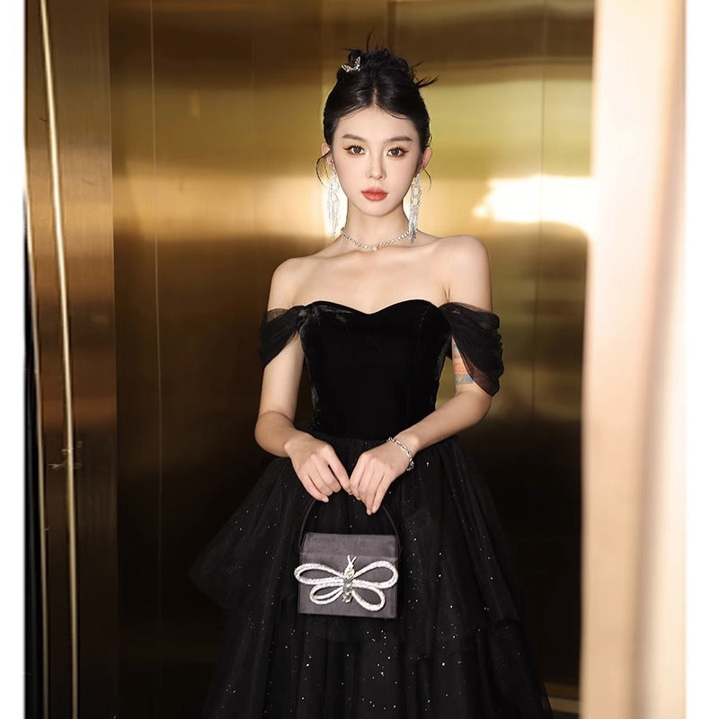 Ball dresses gala Black Evening Dress Banquet off-Shoulder LACE sequin birthday party dress dinner gown formal cArt Exam H289