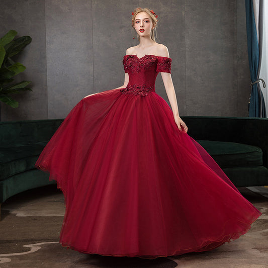 off shoulder dress formal dress evening dress red dress Top Vocal Music Art Test Beauty Sound Performance Pettiskirt Stage Host Annual Party Evening Dress H256