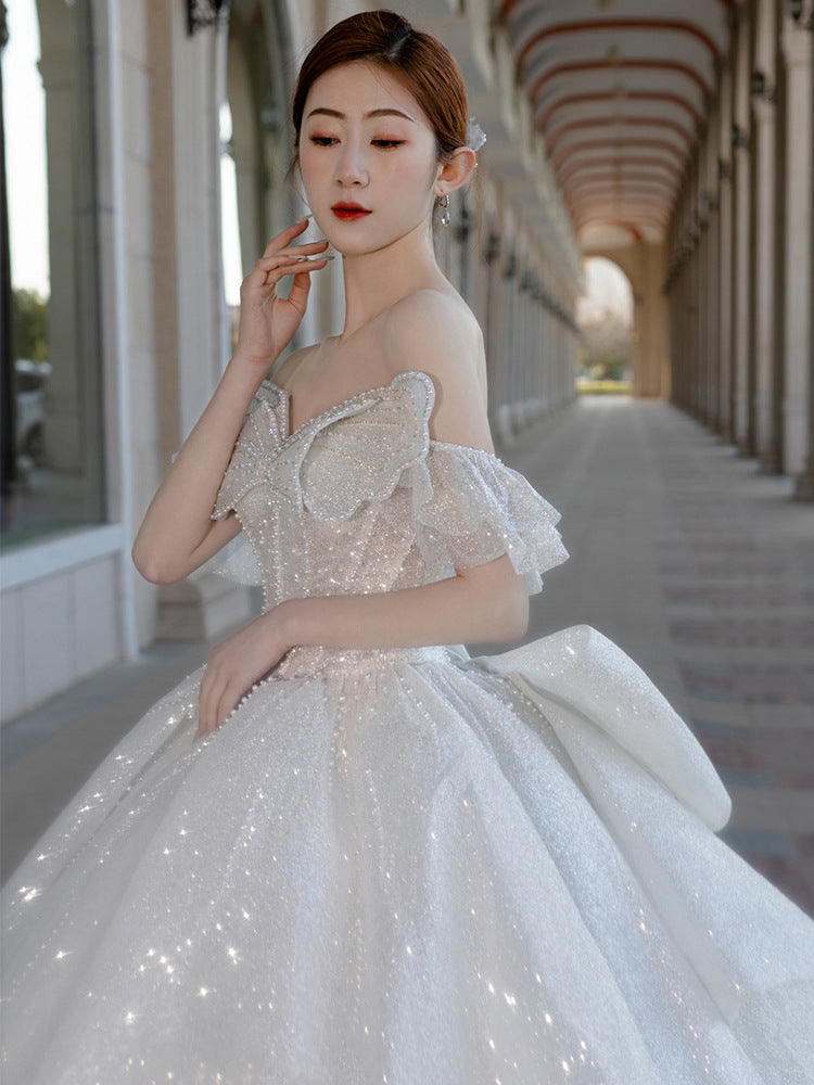 French Primary Wedding Dress2022New Bridal off-Shoulder Main Yarn Western Style Texture Big Tail Summer Small