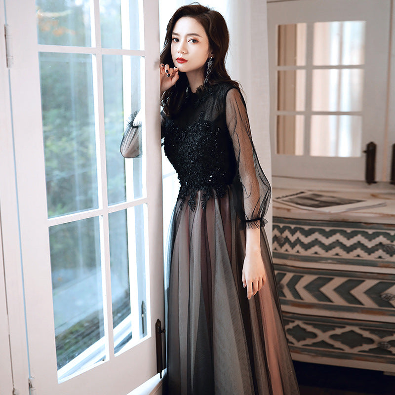 Dinner gown gala Long Banquet Evening Dresses prom dress Elegant Graceful Black robe H223