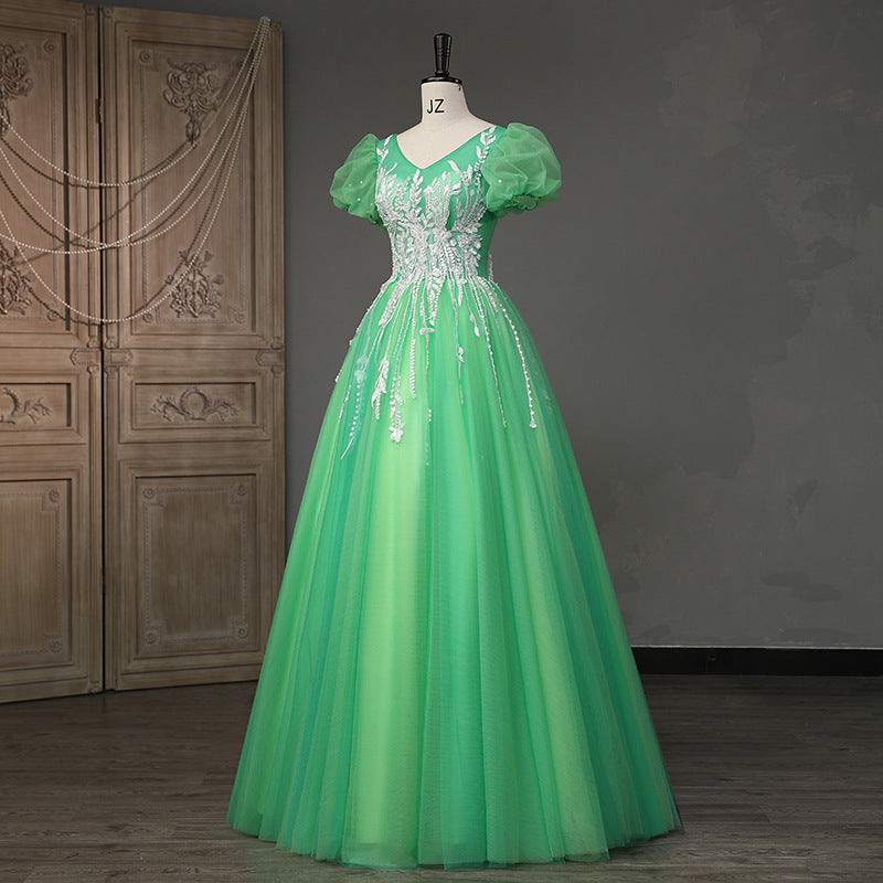 Green Evening Dress Banquet Temperament Socialite Mori Style Adult Ceremony Pettiskirt Art Exam Host Piano Solo Performance Costume H829