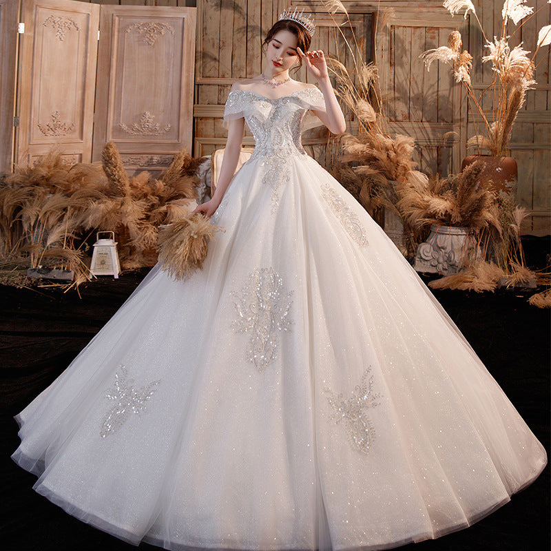 Hepburn Main Wedding Dress 2022 New Style Trailing off-Shoulder Bridal Temperament Female Super Fairy Mori Style Dream Starry Sky Skirt