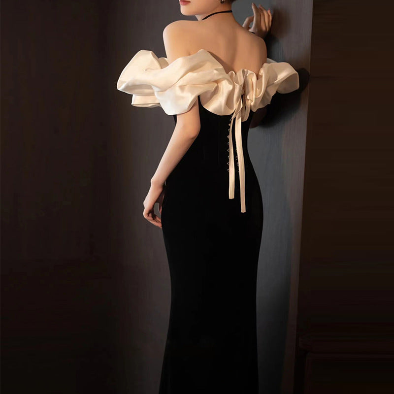 Evening Dresses Black Fishtail Dress For Dinner Silk Rose Off Shoulder Party Dresses Gala H923