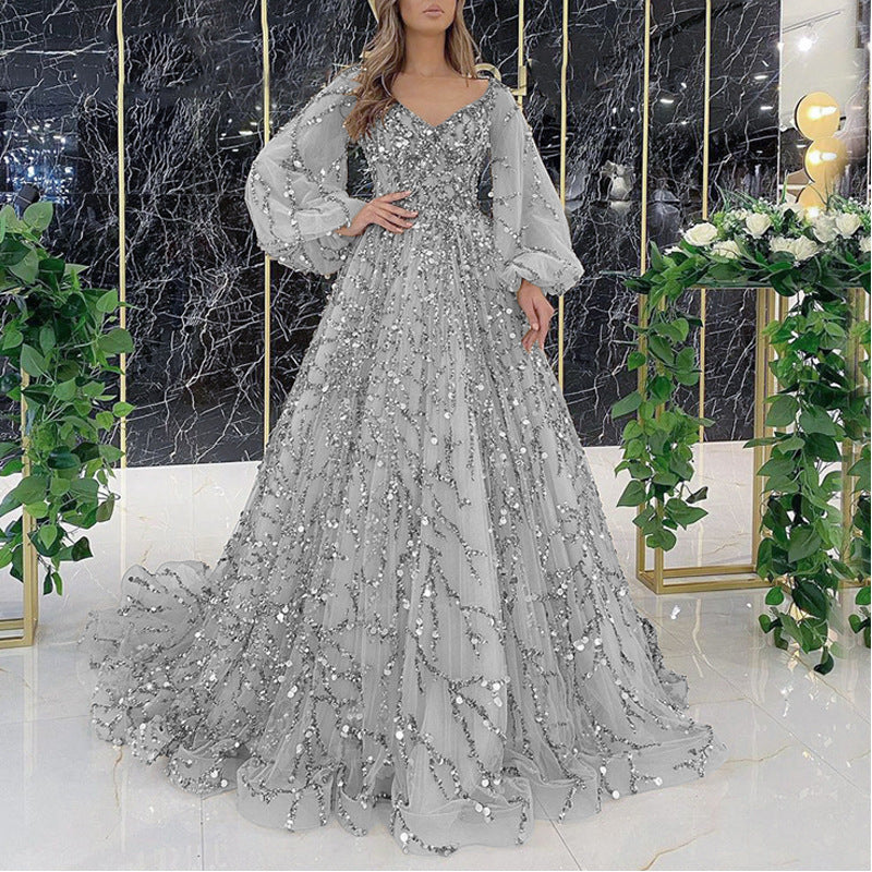 Gold Dress gown ball dresses party Beaded Ball Party Evening Dress Dress Sequined Lace Breathable and Transparent Birthday Party Long Sleeve Aura Queen Dress H2839