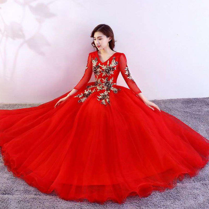 Red dress wedding dress bridal veil dinner dress muslimah 2022 New Folk Song Bel Canto Solo Costume Female Vocal Music Art Test Dress Host Chorus Long Pettiskirt