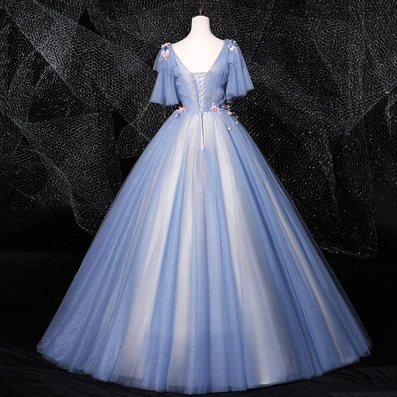 Haze Blue sky blue dress floral dress flower dress wedding Dress Women's Long Beauty Tutu Dress Stage Host Hostess Performance Costumes Bottoming Dress LAS372