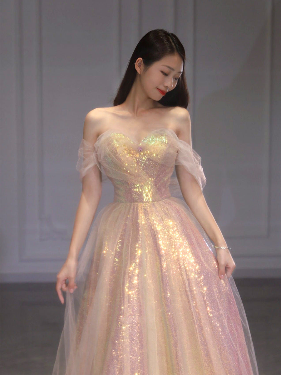 Wedding Dress Bridal Toast Dress Court off-Shoulder Starry Sequins Annual Meeting Stage Performance  Evening Dress Pile Style Sleeve Length Dress