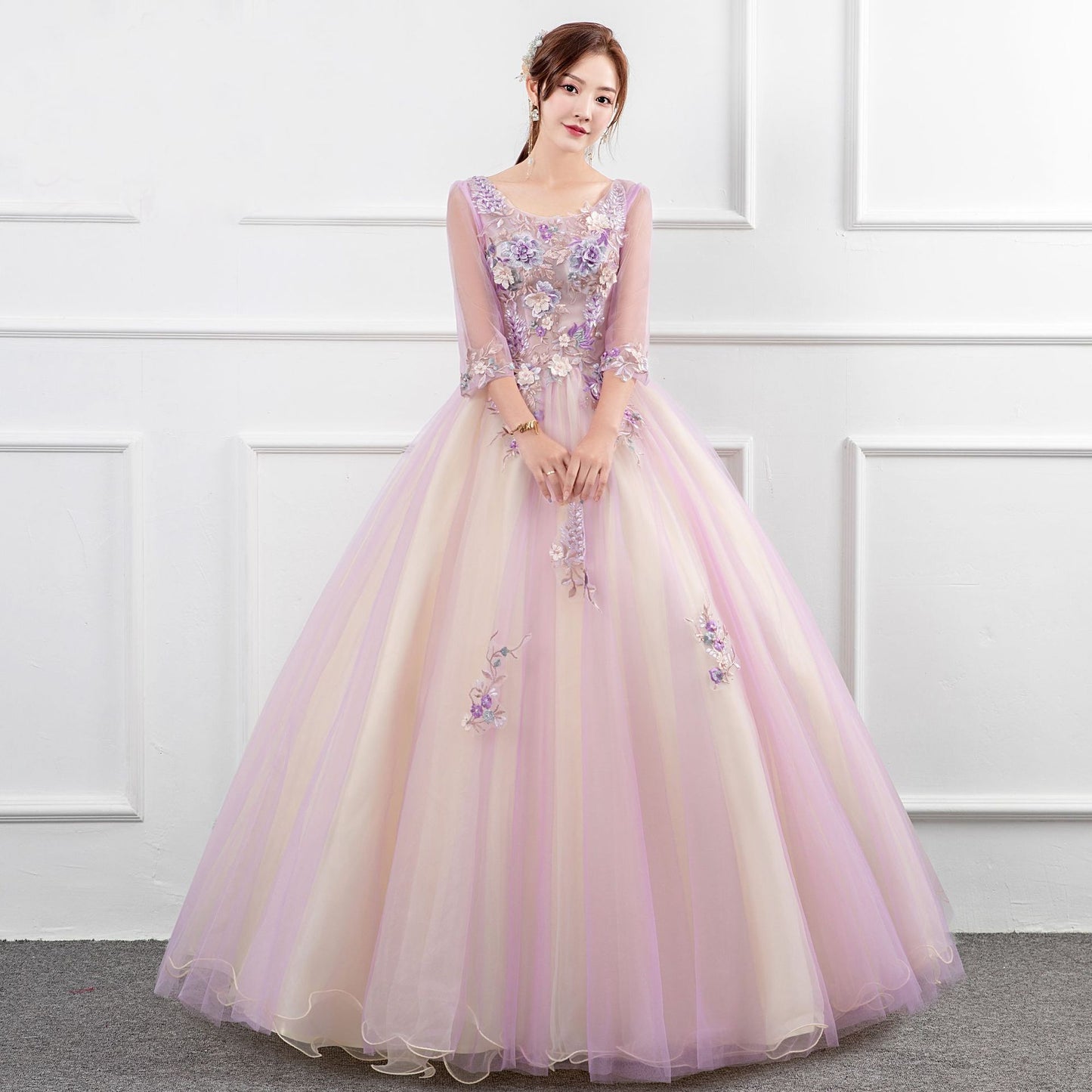 pink dress wedding dress Solo Performance Costume Noble Elegant Studio Colored Mesh Meisheng Host Art Exam Dress Pettiskirt Autumn and Winter LAS371