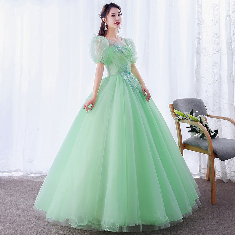 Light Green Wedding Dress Mint Green Maxi Dress Colored Mesh 2023 New Student Puff Sleeve Vocal Music Art Test Gown Women's Pettiskirt Long H099