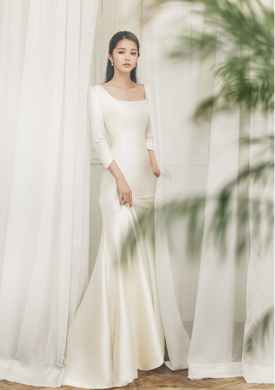 Fishtail Wedding Dress 2022 New Bridal Satin Simple Retro Trip Shoot Super Fairy Slim Korean Style Trailing Light Yarn