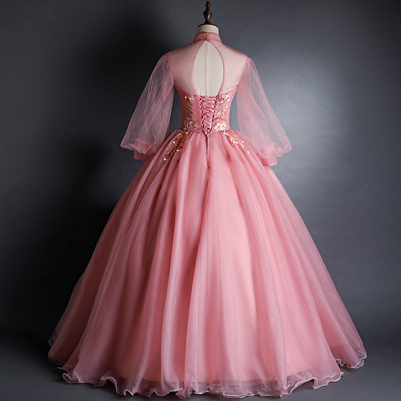 Ball Gown Long Sleeve Colored Mesh Host Performance Pink Princess Dress Solo Art Exam Tulle Tutu Long Evening Gown Female H2839