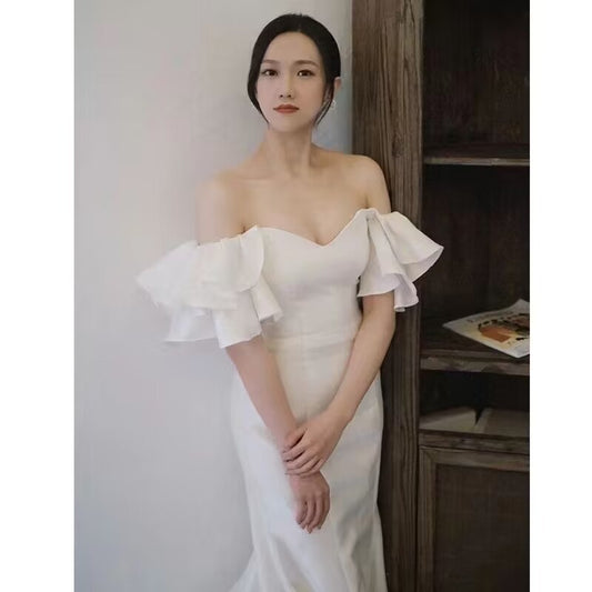 Bridal Dress Wedding Dresses Dinner Party Simple Retro Off-Shoulder Elegant Trailing French Dress H890