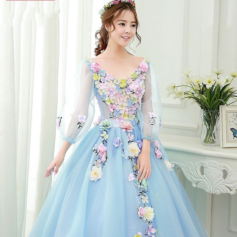 Blue Long Fancy Wedding Dress Stage Studio Clothing Long Women's Hosting Performance Dress Pettiskirt