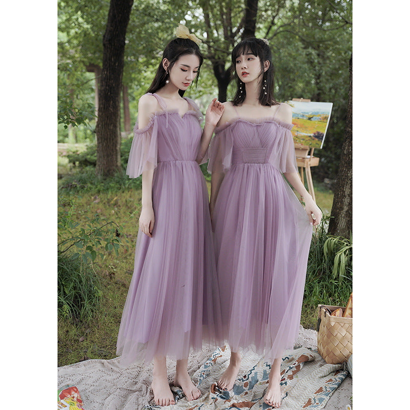 Purple Dress Bridesmaid Dress 2022 New off-Shoulder Bridesmaid Group Sisters' Clothes Graduation Chorus Daily Performance Slimming Dress H756