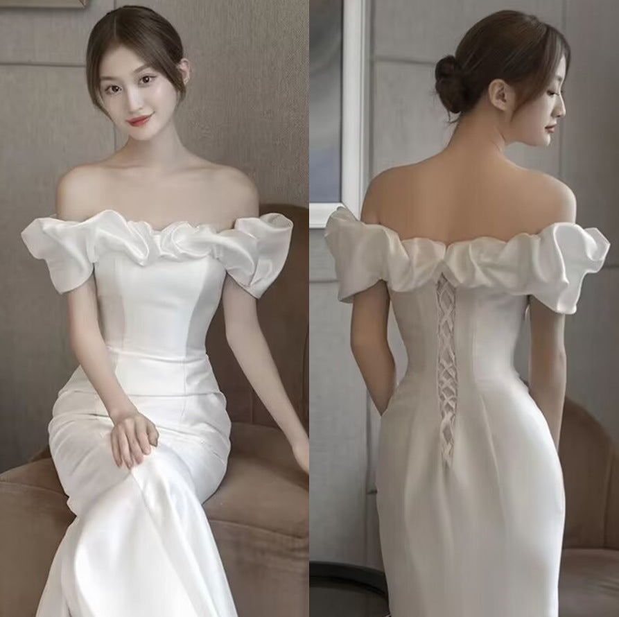 Wedding Dress Fishtail White Slimming Off-Shoulder French Light Wedding Dress Satin Simple Trailing Yarn H829