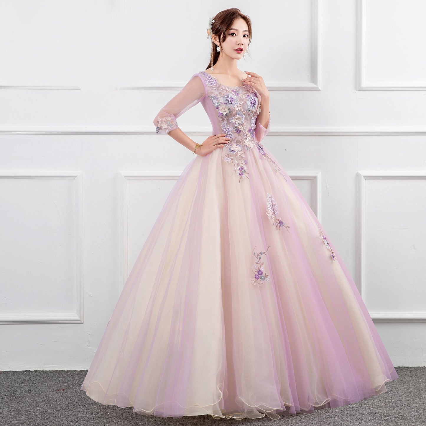 pink dress wedding dress Solo Performance Costume Noble Elegant Studio Colored Mesh Meisheng Host Art Exam Dress Pettiskirt Autumn and Winter LAS371