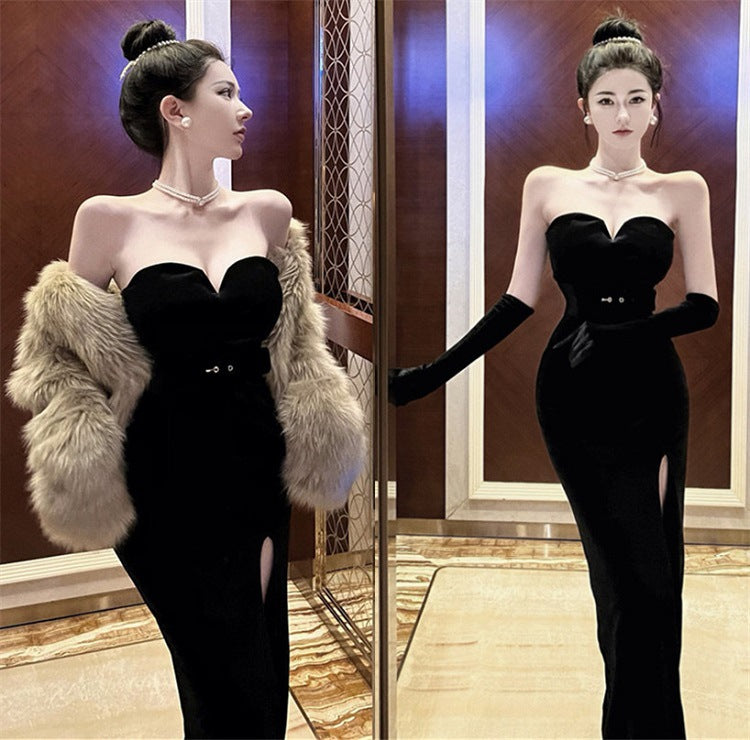 Dinner dress Black Dresses party gown silk Women's French Hepburn Style Waist-Tight Sexy Velvet Strapless Dress Oversleeves