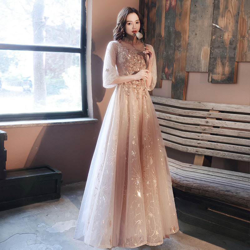 Pink Dress SEQUIN SHINING Banquet Temperament Elegant Texture Host GOWN Birthday Dress Evening Dress for Women H291