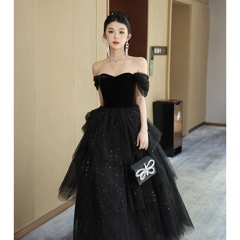 Ball dresses gala Black Evening Dress Banquet off-Shoulder LACE sequin birthday party dress dinner gown formal cArt Exam H289