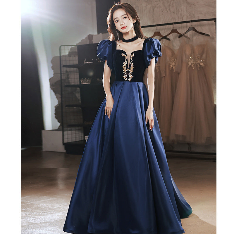 Blue Evening Dress for Women 2022 New Style Host Design French Solo Vocal Music Art Test Costume