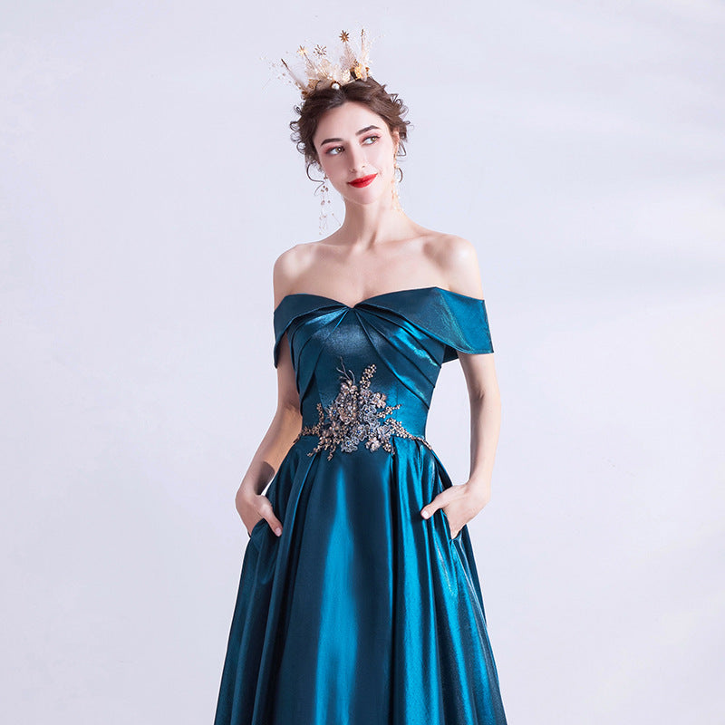 Dinner dress navy peacock blue satin off shoulder evening dress banquet dresses H282