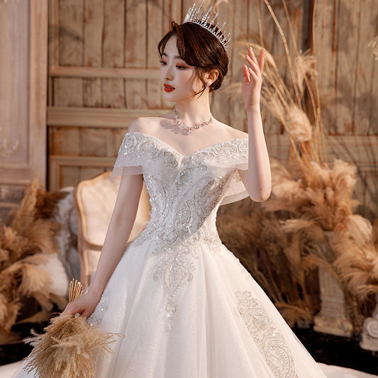 Hepburn Main Wedding Dress 2022 New Style Trailing off-Shoulder Bridal Temperament Female Super Fairy Mori Style Dream Starry Sky Skirt