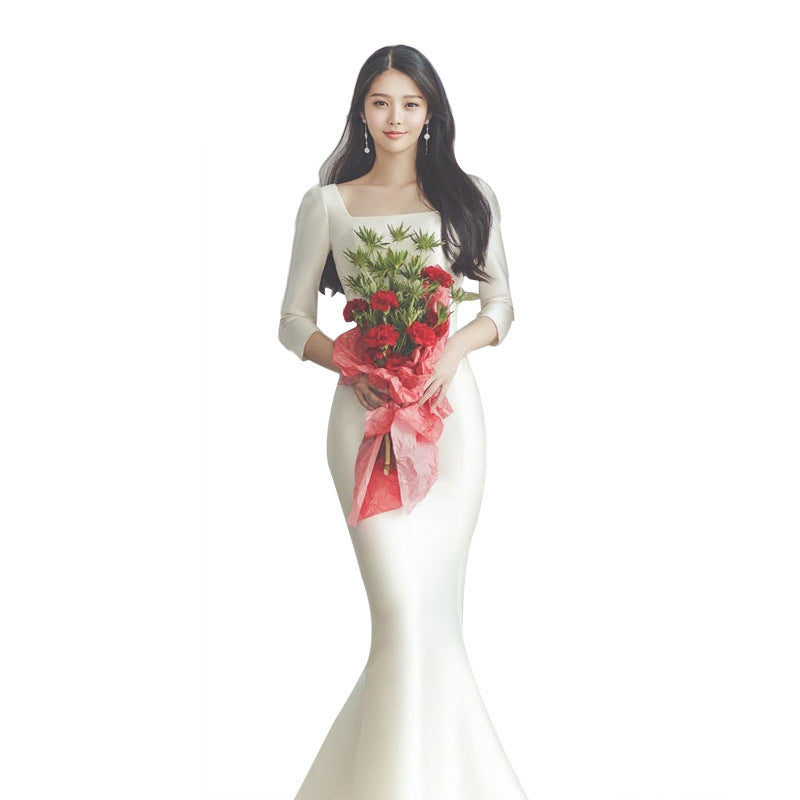 Fishtail Wedding Dress 2022 New Bridal Satin Simple Retro Trip Shoot Super Fairy Slim Korean Style Trailing Light Yarn