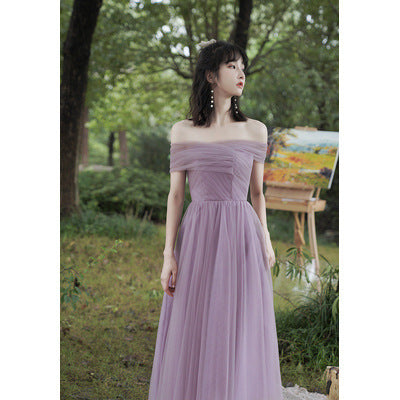 Purple Dress Bridesmaid Dress 2022 New off-Shoulder Bridesmaid Group Sisters' Clothes Graduation Chorus Daily Performance Slimming Dress H756