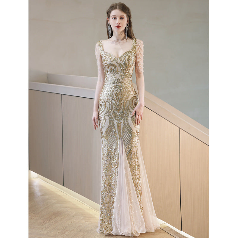 Golden dress for dinner Fishtail Evening Dress 2023 New Elegant Elegant Lady Host Banquet Party Party H268