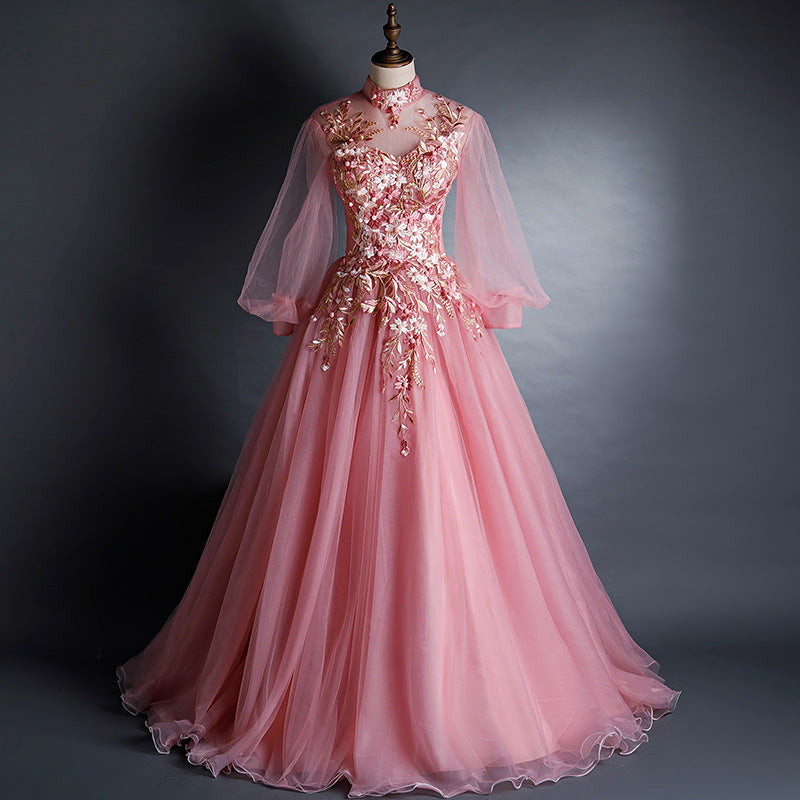 Ball Gown Long Sleeve Colored Mesh Host Performance Pink Princess Dress Solo Art Exam Tulle Tutu Long Evening Gown Female H2839