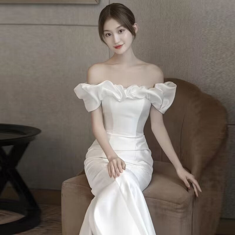 Wedding Dress Fishtail White Slimming Off-Shoulder French Light Wedding Dress Satin Simple Trailing Yarn H829