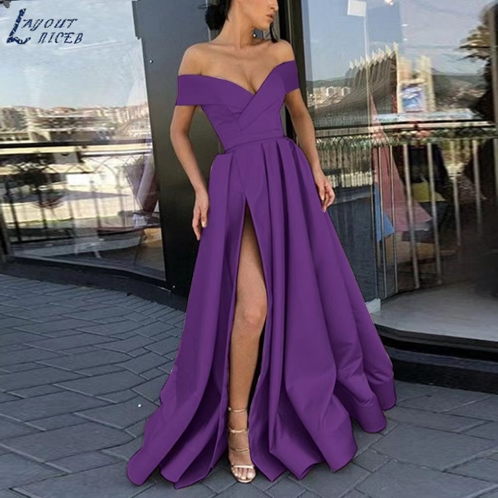 Party Dress satin black red off shoulder dinner dresses gala gown Women's European and American Style 2023 Cross-Border New Arrival Sexy Deep V Solid Color High-End Satin Banquet Evening Dress