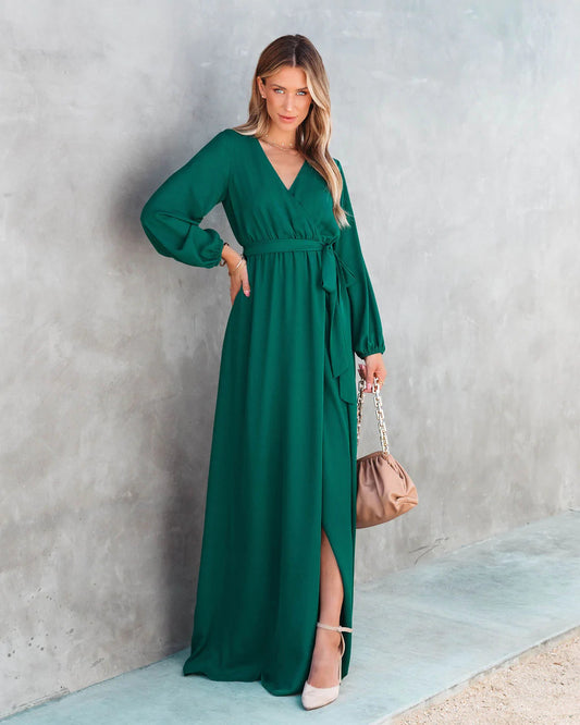 Long Dress Green Blue Long Sleeve European and American AliExpress Wish New Women's V-neck Long Sleeve Big Hem Long Dress H279